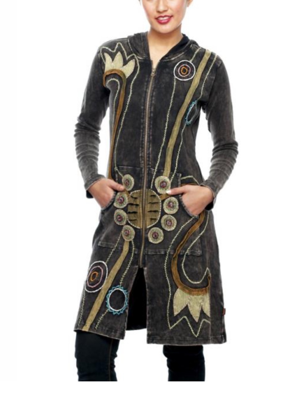 Rising International Y2K Hooded Embroidered Statement Jacket Coat, Small